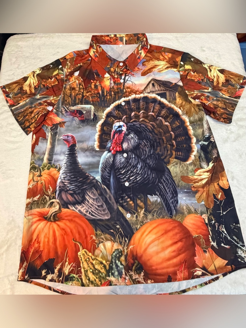 Autumn Harvest Turkey Print Short-Sleeve Shirt - Orange